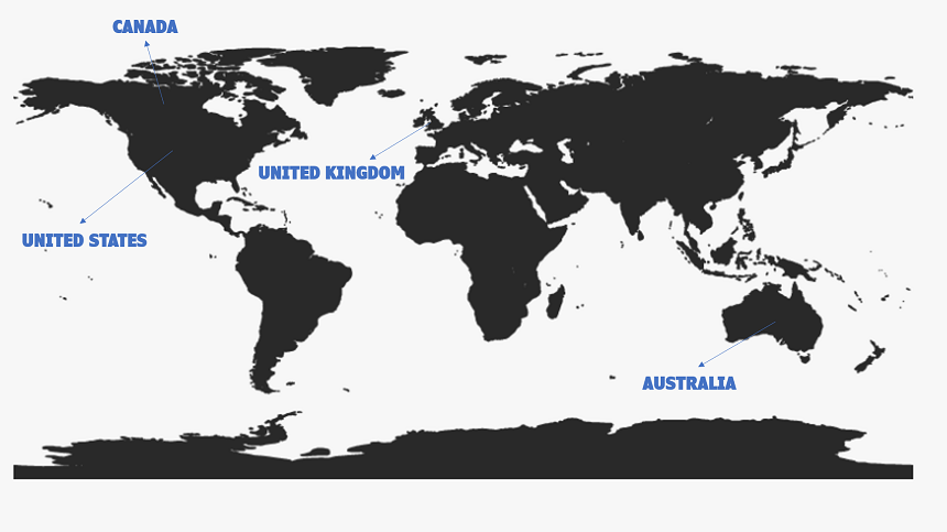 World map showing Outsourcing hub serving countries